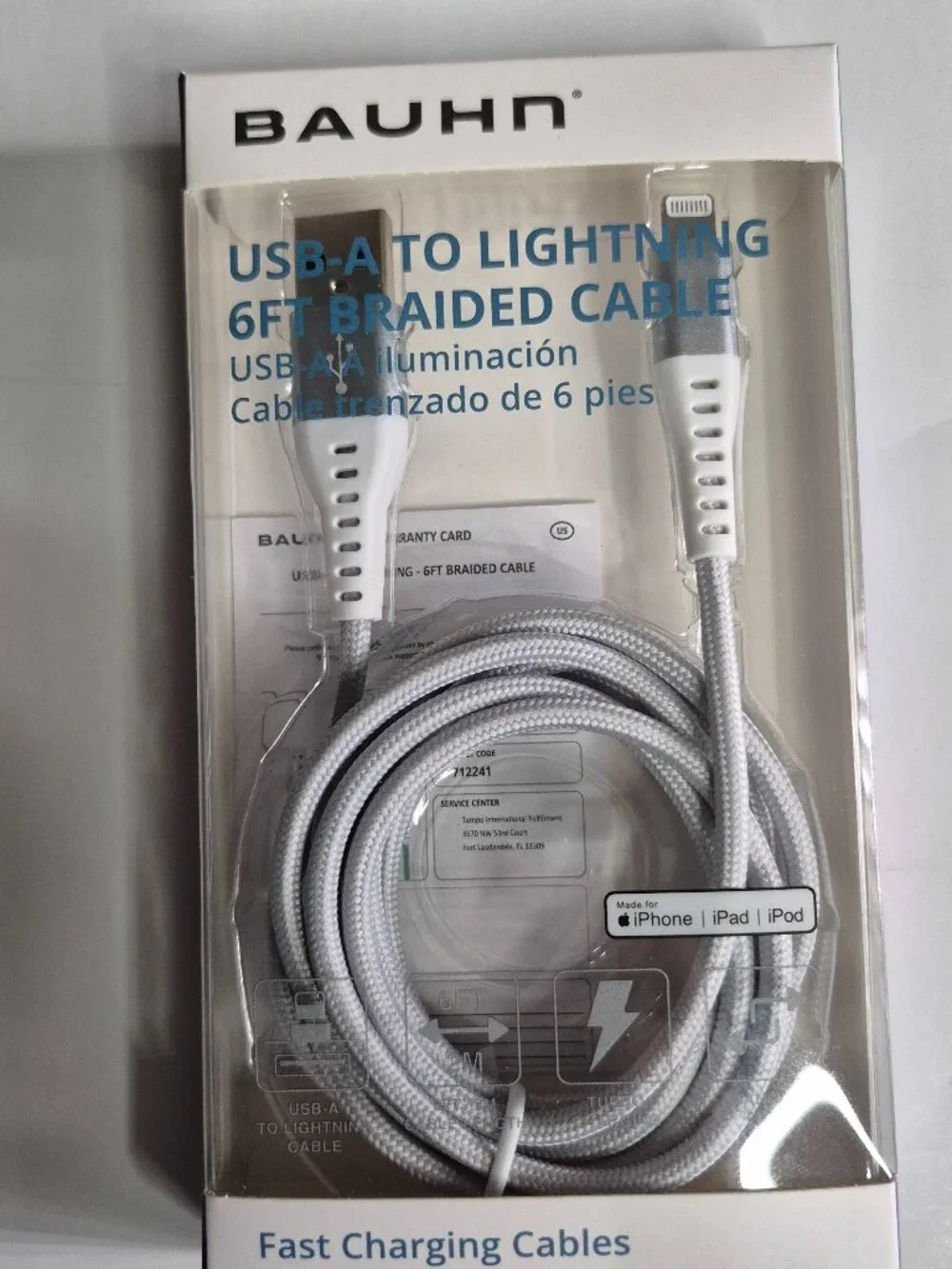 Bauhn Fast Charging Cable USB A to Lightning, 6FT Braided Cable, NEW